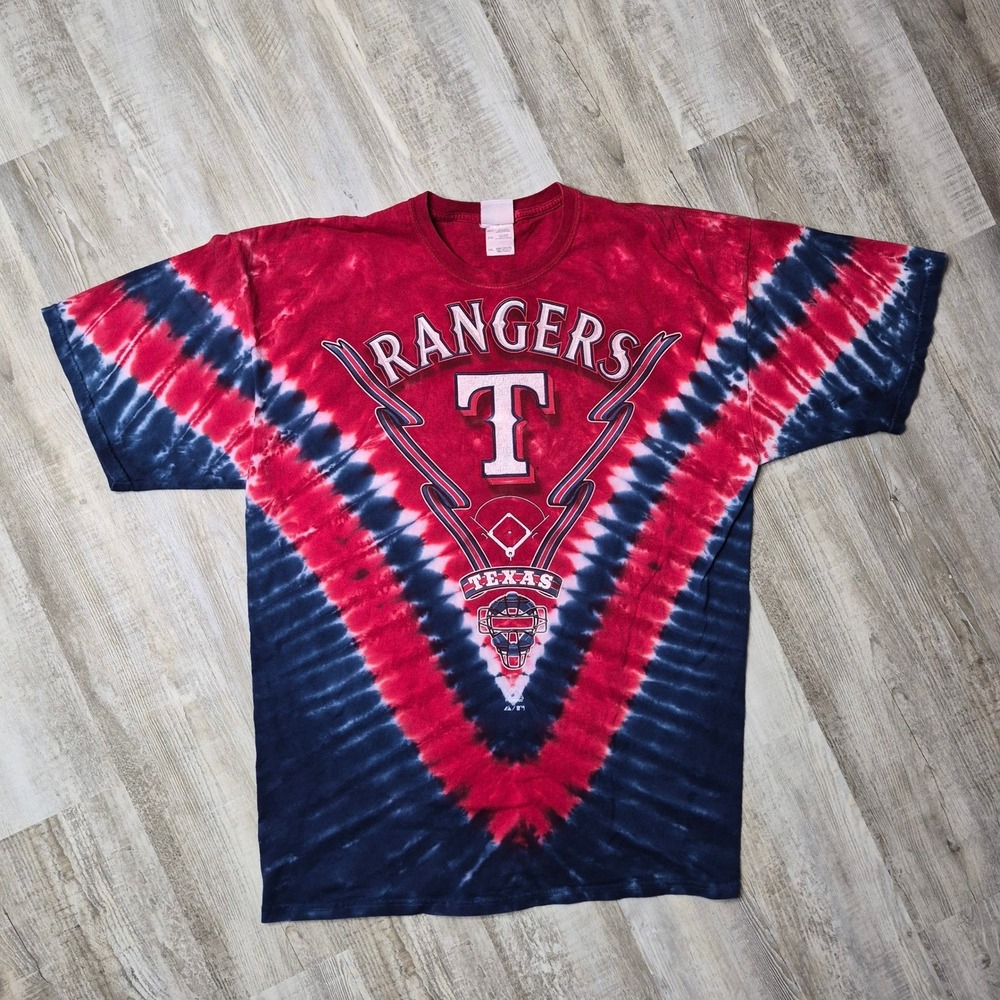 Vintage Y2K Texas Rangers Majestic‎ Liquid Blue T Shirt Double Sided 2XL V-dye